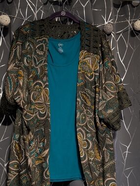 Cato Teal Layered Floral Open Cardigan Top